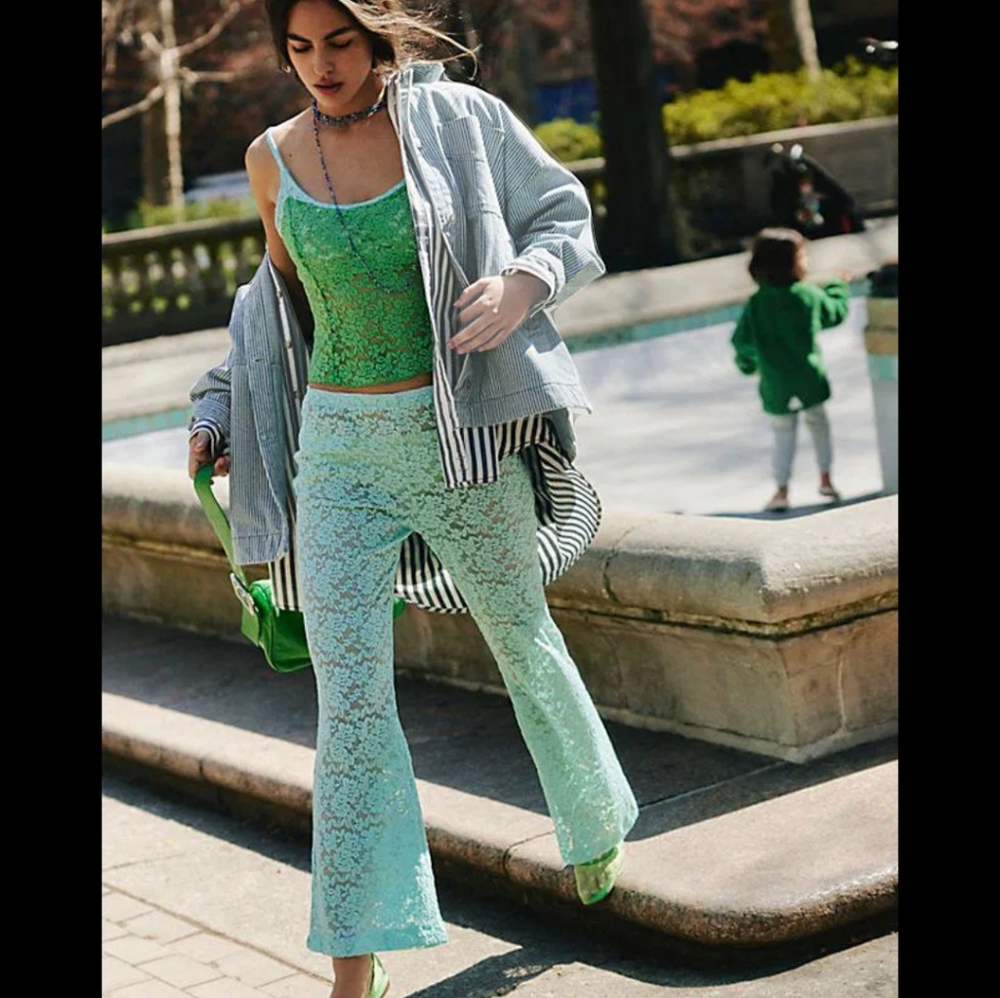 NWOT Intimately Free People All Day Lace Flare Trousers pants aqua combo L